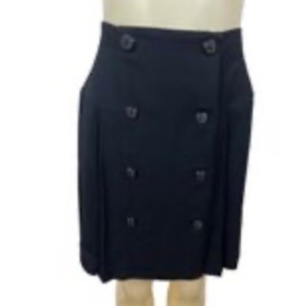 Vintage Gruppo Americano Black Pleated Wool Skirt W/Button Details Size 4